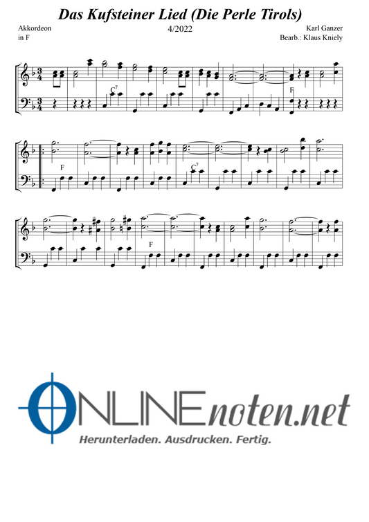 Das Kufsteiner Lied (Die Perle Tirols) - Akkordeon - Online-Noten