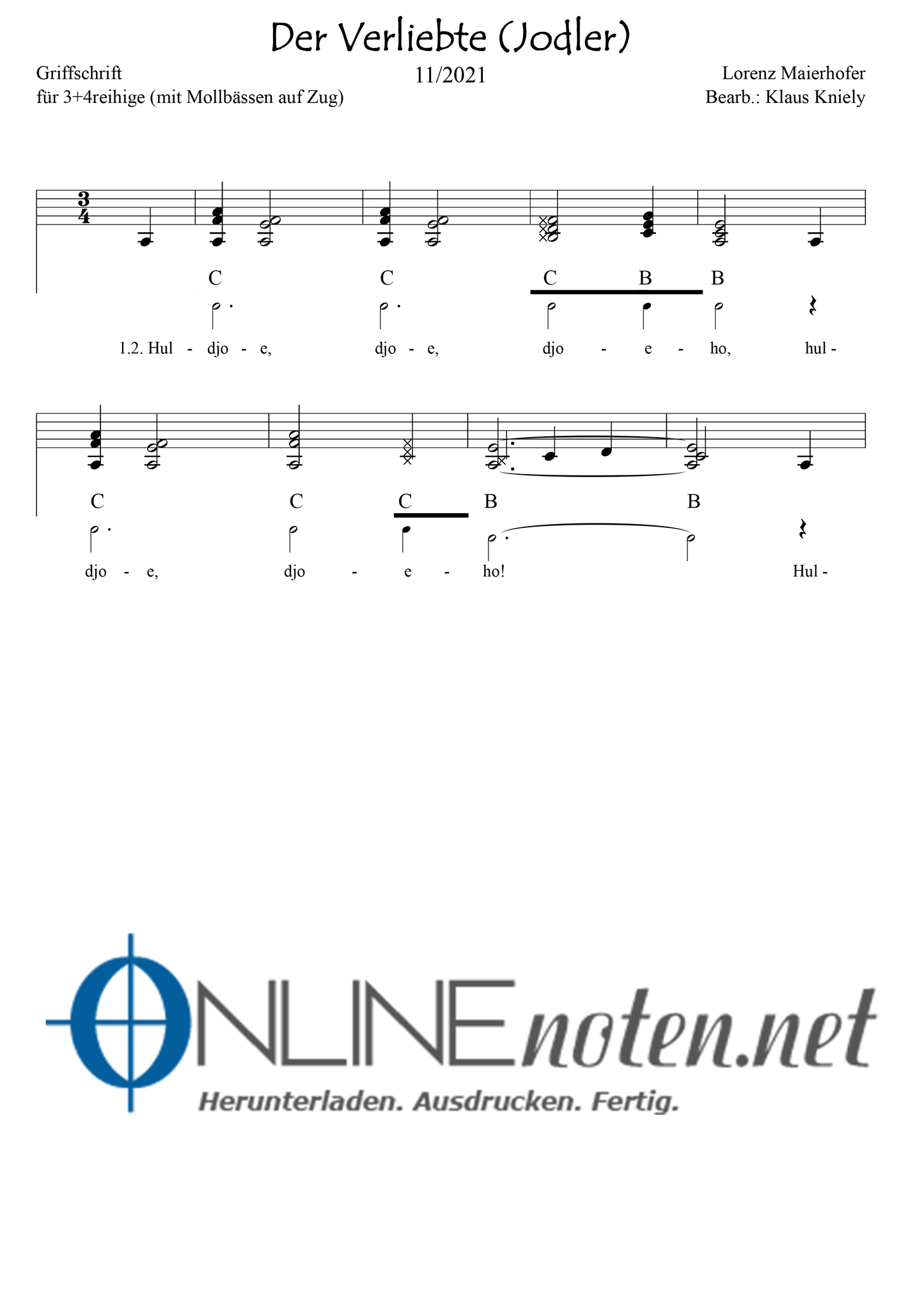 Der Verliebte (Jodler) - Griffschrift 3+4reihige (Moll auf Zug) - Online-Noten