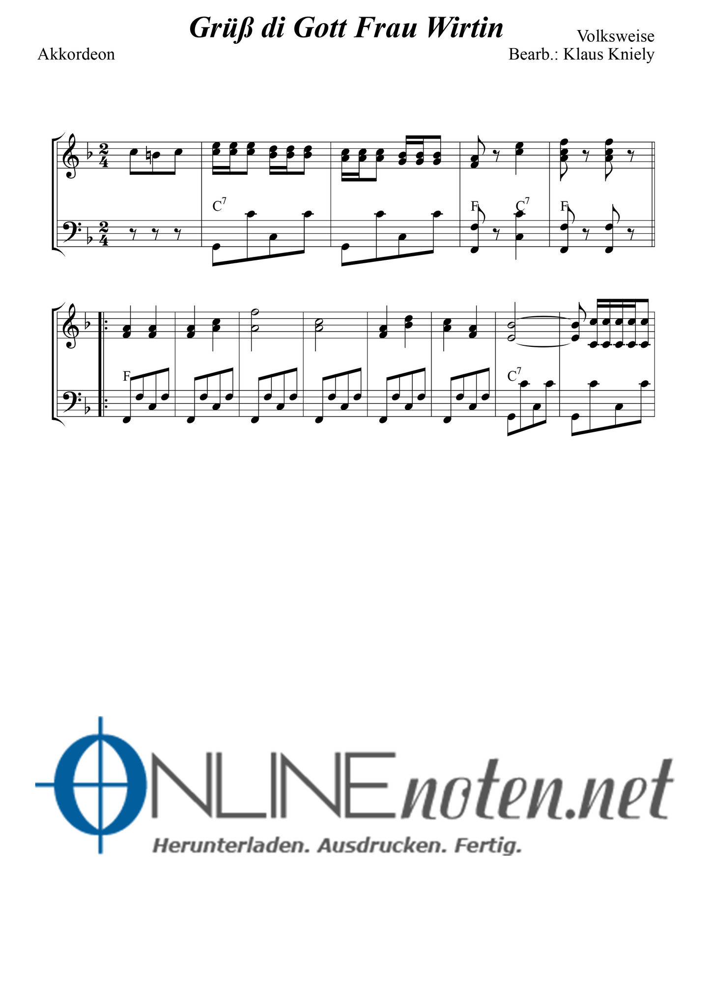 Grüß dich Gott Frau Wirtin - Akkordeon - Online-Noten