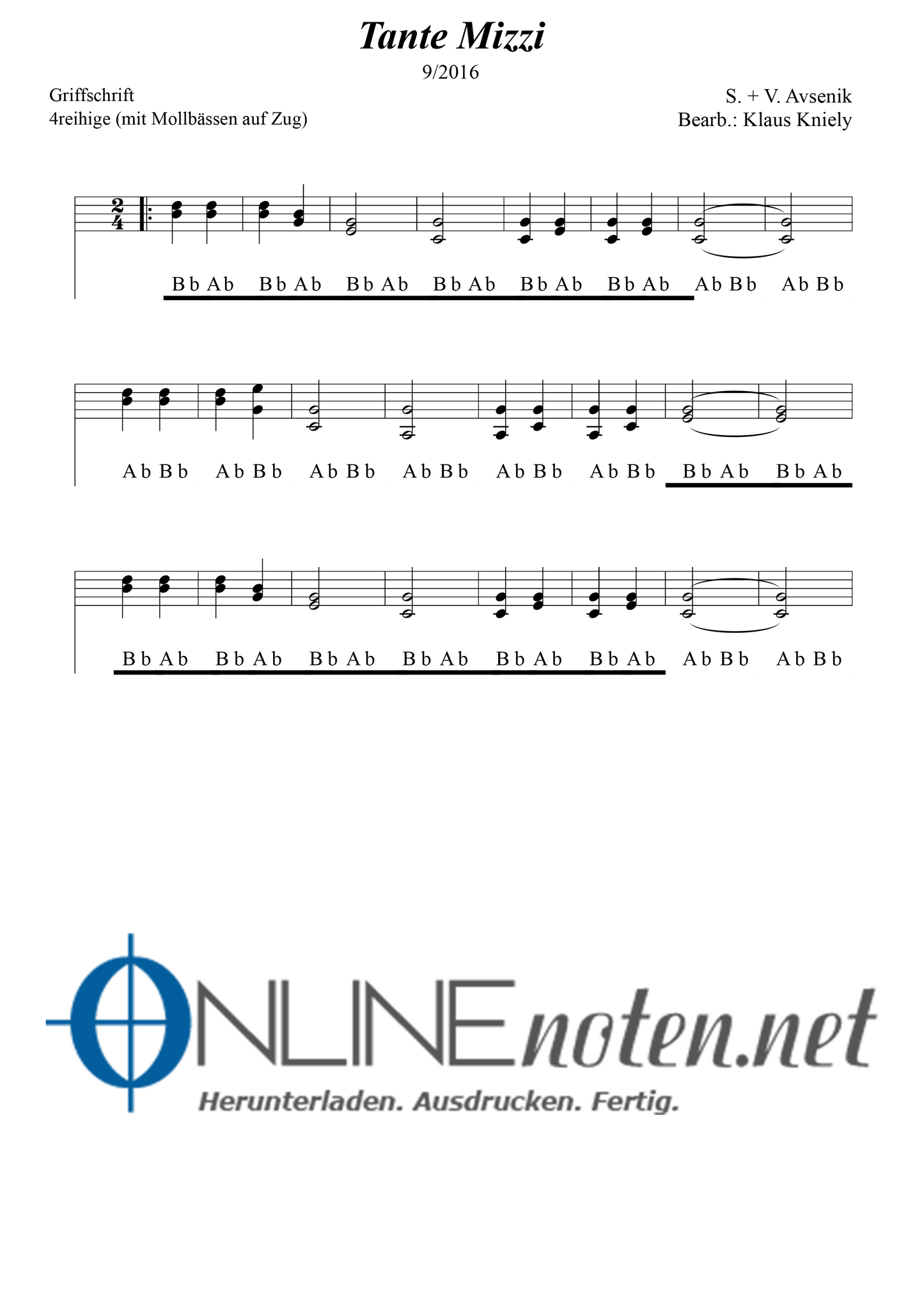 Tante Mizzi - Griffschrift 4reihige (Mollbässe ZUG) - Online-Noten