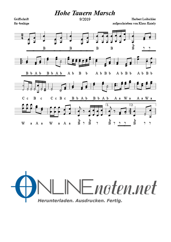 Hohe Tauern Marsch (Griffschrift 3+4 Reihige) - Online-Noten