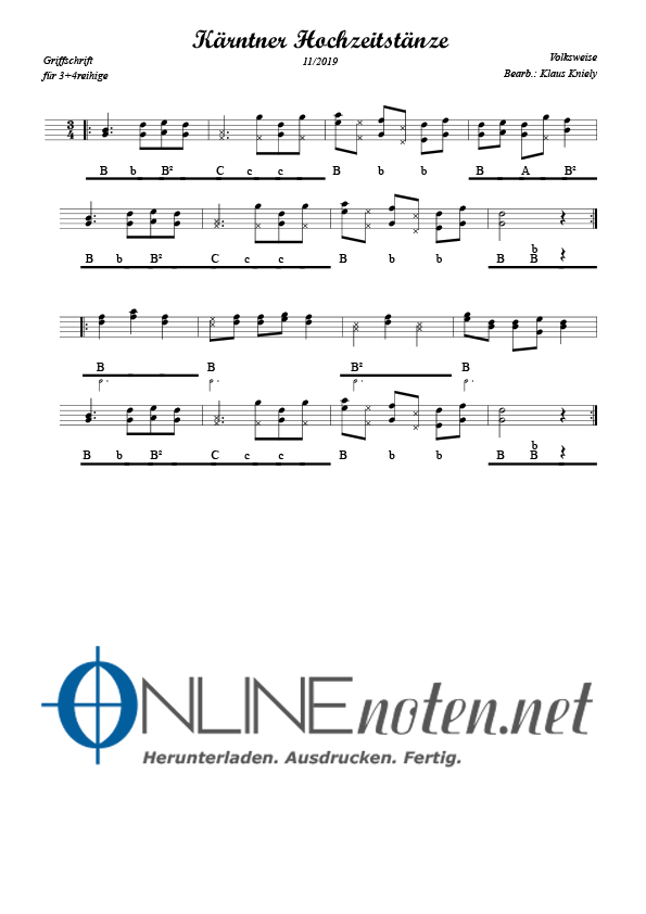 Kärntner Hochzeitstänze (Griffschrift 3+4 Reihige) - Online-Noten