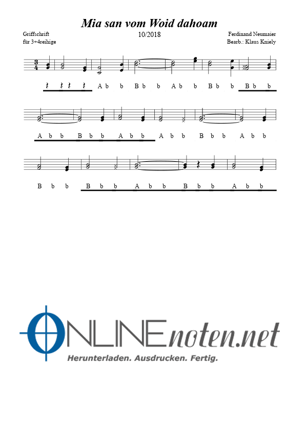 Mia san vom Woid dahoam (3+4 reihige mit Text) - Online-Noten