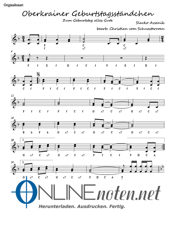 Oberkrainer Geburtstagsständchen (Doppelausgabe C+F Dur) - Online-Noten