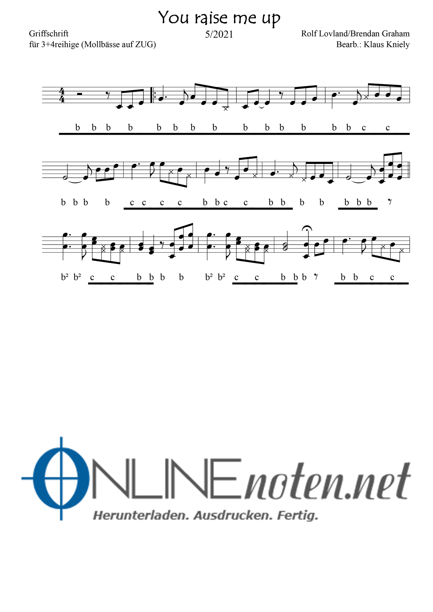 You raise me up - Griffschrift 3+4reihige (Mollbässe ZUG) - Online-Noten