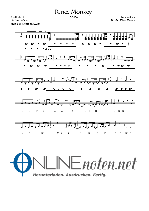 Dance Monkey (3+4 reihige, Mollbass auf Zug) - Online-Noten