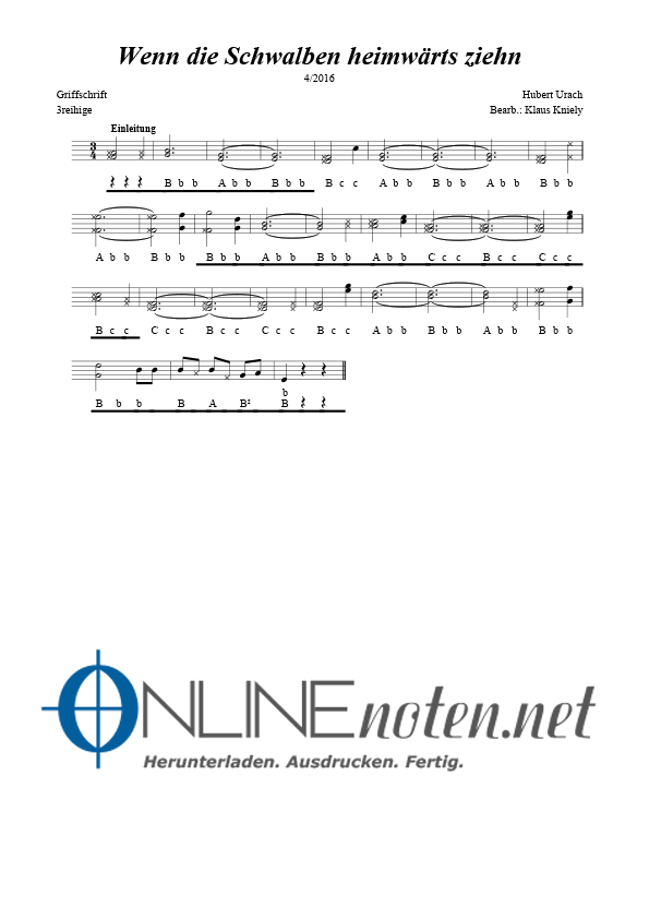 Wenn die Schwalben (Griffschrift für Steirische Harmonika, 3+4 reihige) - Online-Noten